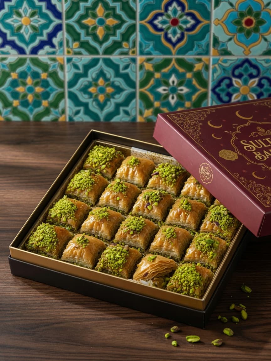 Baklava de pistacho artesanal con capas doradas y pistachos de Gaziantep
